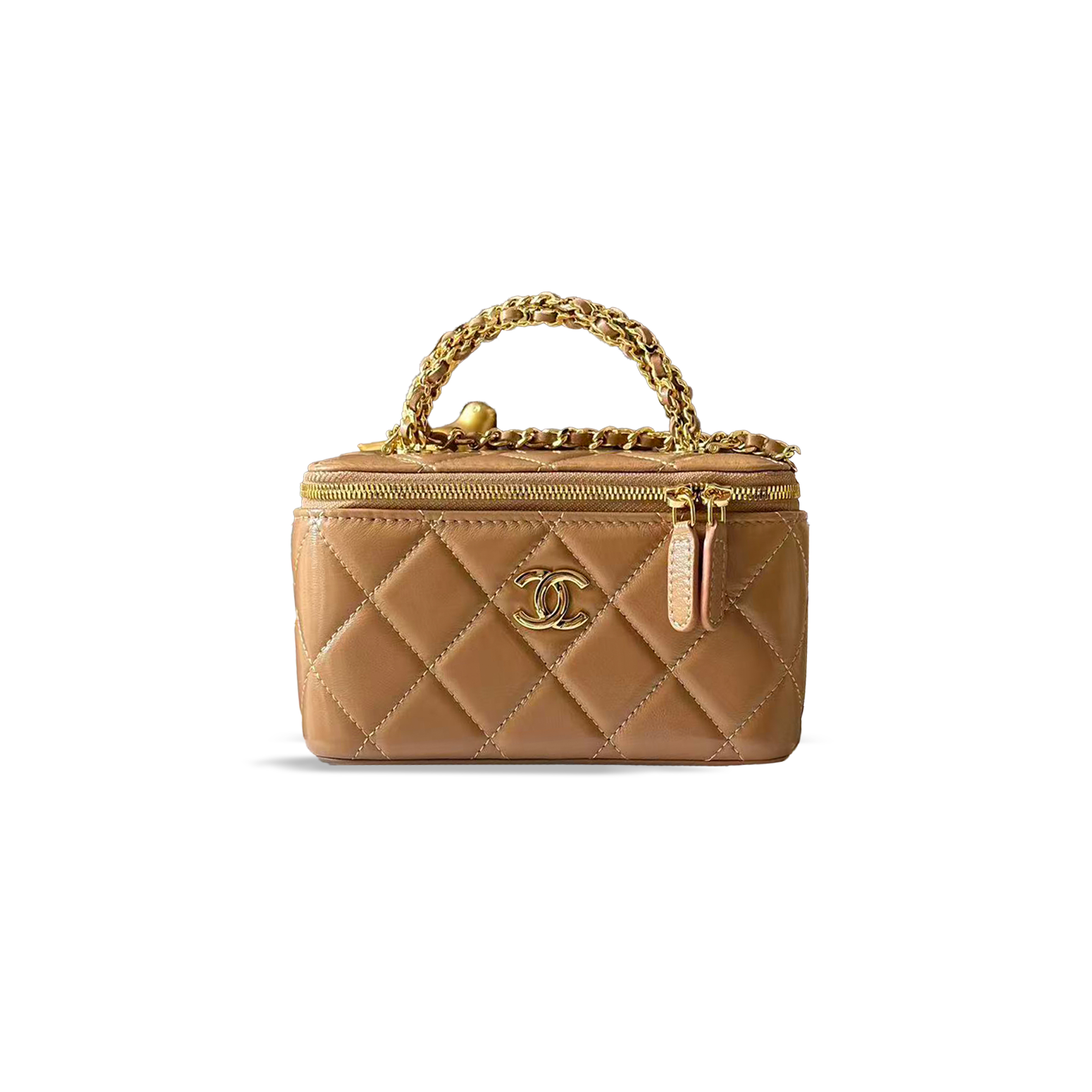 Ch**el pearl crush vanity case chain shoulder bag lambskin beige (16*9.5*8cm)